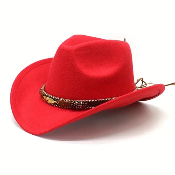 Red Western Cowboy Cowgirl Hat – Gold Feather Braid Band, Felt, Men Women‎ - Picture 1 of 3